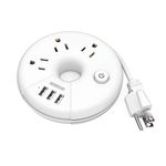 USB Power Bar with 3 Power Outlet 3 Port USB Charging Portable Mini Round Dount Design with 15 inch Short Cord for Business Trip, Cruise Ship, Office, Home, Hotel, Nightstand - White