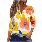 3/4 Length Sleeve Womens Tops 2024 Floral Print Vintage Fashion Casual Loose Fit Henley Shirts Button Up Blouses (Medium,Yellow)