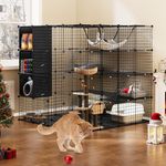 YITAHOME Large Cat Cage with Storage Cube, DIY Indoor Catio Enclosure Metal Playpen with Hammock for Multiple Pets, 4-Tiers Black Cat Kennel, 140 x 140 x 140cm