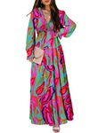 BLENCOT Women Dress Casual Boho Geometry Multi Printed Deep V Neck Loose Long Sleeve Long Evening Dress Ruched Maxi Wedding Guest Dresses Geometry Multi Large