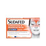 Sudafed Congestion & Headache Relief Day & Night Capsules, Relieves congestion and Helps fight Head Cold, Specifically Formulated for during the day and night, pack of 16