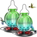 2 Pack Glass Hummingbird Feeder for Outdoors Hanging, Bird Nectar Feeder with Perch & 5 Flower Feeding Ports, 26 Oz Leak Proof for Outside Garden Decor Backyard, Gifts for Women Mom, Green Blue