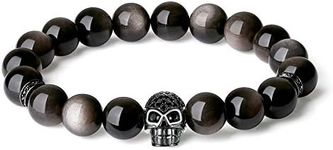 COAI Stone Beaded Bracelet Skull Bracelet Silver Sheen Obsidian Bracelet for Men Women