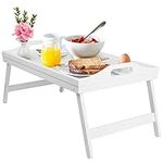 Bed Tray Table Breakfast Platters Tray with Folding Legs Wooden Kitchen Serving Tray for Bed TV Table Desk,Laptop Computer Snack Tray White