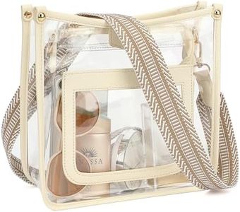 Clear Bag for Stadium Events - Clear Crossbody Purse for Women Stadium with Guitar Strap, Clear Stadium Purse Tote Bag For Concerts, Sporting Events, Festivals (Beige)