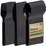 HAAGO 180pc PLA Cutlery Set Biodegradable Compostable (60x Knives, 60x ks, 60x Spoons, Black) - Eco-Friendly Ideal Catering & Weddings - Heavy Duty 100% All-Natural Materials (180-delig Set (Zwart))