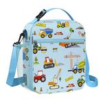 Clastyle Insulated Lunch Bag for Boys Girls Portable Cooler Children's Lunch Box Bag for Outdoor Picnics Back to School Lightweight Tractor Lunch Bag with Bottle Holder Belt | Blue Digger Trucks