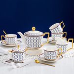 CwlwGO-15-Piece English Porcelain Tea Service Set for 4, Bone China Coffee Tea Sets,Tea Cup Set with Teapot, Sugar Bowl, Creamer Pitcher, Tea Cup Sets for Women Tea Party.…