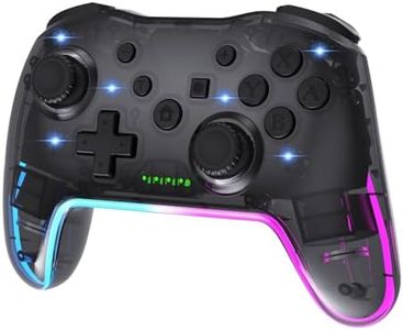 Wireless RGB Gaming Controller Transparent for Nintendo Switch/PC/PS3,Lag Free Gamepad 3 Level Turbo,3 Speed Dual Vibration, 6-Axis Gyro Motion,360°Rocker,Wake Up,600mAh, 7 Diy Ambient Lighting (Black)
