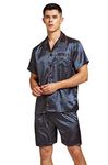 Men's Short Sleeve Satin Pyjama Set with Shorts (Blue Golden, Medium)