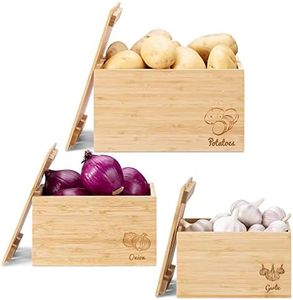 Navaris Set Boîtes Rangement Légumes - 3x Caisse Empilable en Bambou Conservation Pomme de Terre Oignon et Ail - 3x Bac de Cuisine Légume Frais