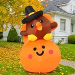 COMIN 5FT Tall Thanksgiving Inflatables Turkey Baby on Pumpkin with Built-in LEDs Blow Up Yard Decoration for Holiday Season Party Indoor Outdoor Garden Lawn