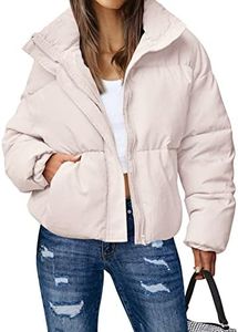 MEROKEETY Women's Winter Long Sleeve Zip Puffer Jacket Stand Collar Baggy Short Down Coats with Pockets, LightPink, XS