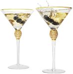 Diamond Collection 2 Piece Stemmed Martini Set - Rhinestone For Drinking Martinis , Manhattans, Vodka, Gin, Cocktails Gold Accent Cocktail Glasses, Perfect For Any Bar or Party 10oz - Wedding Style