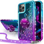 Silverback for iPhone 12/12 Pro Phone Case with Ring Kickstand Lanyard, Moving Liquid Glitter Sparkle Holographic, Girls Women Bling Diamond Protective Cover for Apple iPhone 12/12 Pro 6.1" - Purple