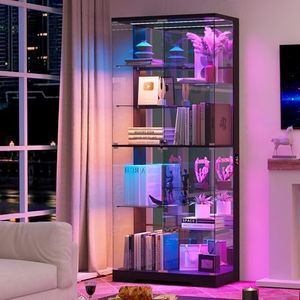 HNEBC Lighted Display Cabinet with Glass Doors - 71” Tall Curio Cabinet with RGB Lights, Frameless LED Display Case for Collectibles/Figures, Locking Showcase Shelf for Living Room (Black)