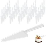 Aemygo 50 Pieces Disposable Cake Cutter Pie Server, 9 Inch Plastic Cake Spatula Serrated Cake Serving Utensils Plastic Pizza Cutter for Kitchen Knife Wedding Cake Slicer (Clear)