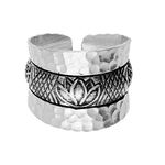 81stgeneration Women's 999 Fine Silver Karen Hill Tribe Hammered Etched Lotus Print Adjustable Ring