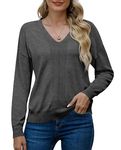 PrinStory Jumper for Women V Neck Jumpers Sweatshirt Ladies Casual Classic Plain Pullover Knit Long Sleeve Sweatshirt Knitwear for Christmas Winter Fall Spring (Dark Grey, L)