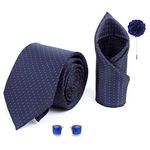 Axlon Mens Plaid Dotted Silk Necktie Gift Set With Pocket Square Cufflinks & Brooch Pin Tie For Men Formal With Leatherite Box (Blue-Red D1BRRX Free Size)