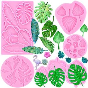 ZiXiang Tropical Leaf Silicone Mold Fan Leaf Fondant Mold Fern Leaves Candy Mold Flamingo Tropical Palm Leaf Chocolate Mold For Cake Decorating Cupcake Topper Polymer Clay Gum Paste Set Of 5