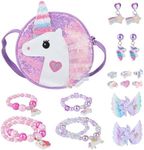 Niceup Unicorn Jewelry Gift Set for Little Girls, Princess Dress-up Play Jewelry Toys with Purple Unicorn Purse Necklaces Bracelets Earrings Rings Hair Clips, Christmas Birthday Gift for Girls Age 4-7