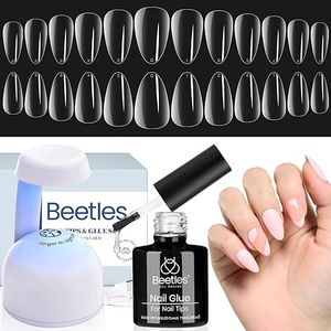 Beetles Gel Nail Kit Almond-500Pcs Gel Nail Kit Easy Nail Extension Set Short Almond Shape 5 In 1 Nail Glue Gel Extension Nail Kit Uv Led Lamp Acrylic False Nail Tips Kit DIY Nails Art for Women