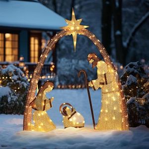 MUPATER Lighted Outdoor Christmas Decoration Nativity Scene, Lighted Christmas Yard Decor Set for Lawn and Home Holiday Party with Lights, Zip Ties and Ground Stakes, Gold