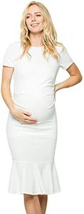 My Bump Maternity Midi Dress - Fitted Stretch Short Sleeves Mermaid Flare Ruffle (Made in USA), White Solid, Small