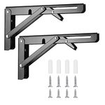 2 Pcs Folding Shelf Brackets, Heavy Duty Collapsible Shelf Bracket Wall Mounted, Metal Foldable L Right Angle Shelves Supporter Triangle Brackets for Bench Table Shelf, Black