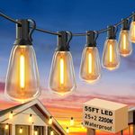 Outdoor String Lights with 27 Shatterproof LED Edison Bulbs (2 Spares), 55FT Waterproof ST38 Patio Lights Dimmable, Connectable Hanging Outdoor Lights for House Backyard Garden, 2200K