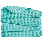 POLYTE Microfibre Lint Free Hand Towel, 40 x 76 cm, 4 Pack (Aqua, Waffle Weave)