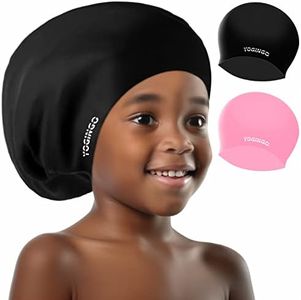 2 Pack Extra Large Swim Cap Kids - Kids Swim Cap for Long Hair/Short Hair, Swim Cap for Braids and Dreadlocks - Silicone Swim Caps for Girls&Boys, Swimming Cap for Kids 6-14, Keep Hair Dry(Black+Pink)