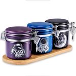 Astronaut Smell Proof Jar Bundle - 3 Pack (250ml -half oz), Pottery Smell Proof Container with Bamboo Holder Kit, Versatile Airtight Storage Set Cute Spaceman Gifts for Connoisseur - Blue Black Purple