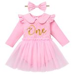 Baby Girl First 1st Birthday Cake Smash Outfit, Golden One Lace Floral Ruffle Long Sleeve Tutu Tulle Romper Dress Headband Set Toddler One Year Old Party Photo Shooting Props Fall Winter Pink 12-18M