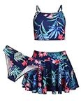 Arshiner Girls Bikini Set 3-Piece Summer Swimsuits Kids Tankini with Skirt Floral Print Swimwear Bikinis for Girls 13-14 Years Navy Blue