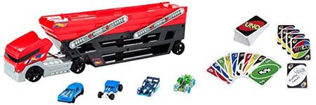 Hot Wheels Mega Hauler Truck Includes 4 Die-Cast Cars & Mattel Uno Playing Card Game|Multicolor