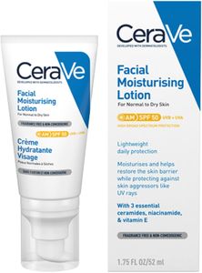 CeraVe AM Facial Moisturising Lotion SPF50 – 52ml, Ceramides, Niacinamide, UVA/UVB Protection