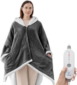 Wearable Heated Throw Blanket, Electric Heated Poncho Shawl Hoodie with Pockets and Hood, 5 Heating Levels & 3-Hour Auto-Off, Ultra-Soft Flannel and Sherpa for Cozy Warmth, 56 x 63 Inches, Grey