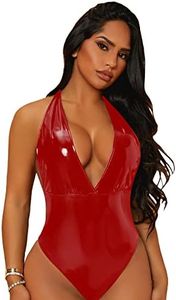 WDIRARA Women's Deep V Neck Sleeveless PU Leather Skinny Bodysuit Halter Top Red L