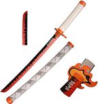 RGRGSH Wooden Cosplay Anime Swords, Rengoku Kyoujurou Samurai Sword, The Special Knife of fire Guard White with Pattern Katana 30 in