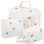 Paterr 3 Pieces Cotton Quilted Makeup Bag Set Coquette Cosmetic Bag Aesthetic Travel Toiletry Bags Cute Pouch Kawaii Aesthetic for Women (Little Bear)