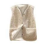 Wyongtao Teddy Fleece Gilet for Women Sleeveless V-neck Button Down Vest Sherpa Fluffy Waistcoat Coat Solid Color Lightweight Cozy Gilets Ladies Winter Soft Jacket with Pockets Fur Fuzzy Coat Outwear