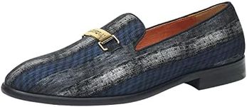 ELANROMAN Men's Gold Buckle Loafers Fashion Pull-on Penny Party Wedding Shoes, Black-navy, 10.5