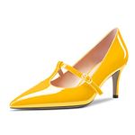 Castamere Women Stiletto Mid Kitten Heel Close Pointed Toe Slip-on T-Strap Pumps Wedding Party Dress Shoes 2.6 Inches Heels, Yellow, 7.5