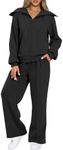 Aleumdr Womens 2 Piece Outfits Sweatsuits Fleece Lounge Set Quarter Sweatshirt Matching Set Oversized Pullover Wide Leg Sweatpant Tracksuits 2024 Fall Casual Travel Clothing Set Black