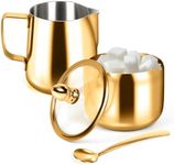 Sugar and Creamer Set,Sugar Container and Milk Frothing Pitcher for Coffee Bar Stainless Steel Sugar Bowl with Lid and Spoon for Espresso Machine Accessories (Gold)