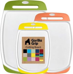Gorilla Grip Durable Kitchen Cutting Board Set of 3, BPA Free, Reversible Use, Easy Grip Rubber Handles, Deep Juice Grooves, Large Food Chopping Boards, Dishwasher Safe, Chop Meat, Veggies, Lemon