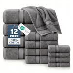 LANE LINEN Luxury Bath Towels Set - 12 Piece 100% Cotton Bathroom Shower Extra Absorbent Towel Super Soft 4 Hand Wash Cloths Space Grey