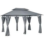 Outsunny 4m x 3(m) Garden Gazebo, Double Roof Outdoor Gazebo Canopy Shelter with Curtains, Solid Steel Frame for Lawn and Deck, Grey